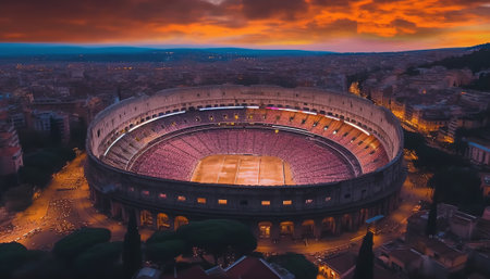 Generative AI : Aerial view of the Colosseum amphitheater in Rome downtown at night Lazio Italyの素材