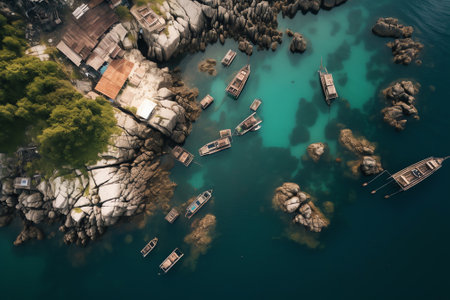 Generative AI : Aerial view of fortress on rock island in Black Sea seaside town of Sile in Istanbul Turkeyの素材