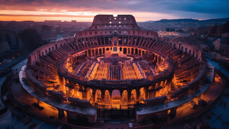 Generative AI : Aerial view of the Colosseum amphitheater in Rome downtown at night Lazio Italyの素材