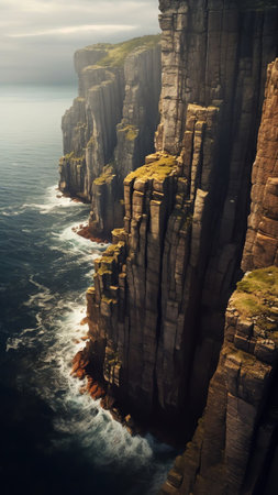 Generative AI : Aerial view of person on a cliff in Nordkapp Skarsvag Finnmark Norwayの素材