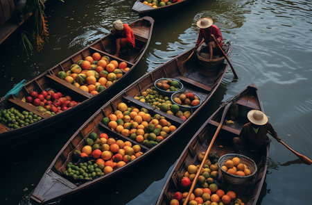 Generative AI : Aerial view of people trading with fruits and vegetables on boats along the river in Dhaka Bangladeshの素材