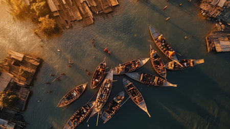 Generative AI : Dhaka Bangladesh 11 December 2022 Aerial view of people working in a fish market drying fish at Lalpur Launch Ghat along Meghna River Chattogram Bangladeshの素材
