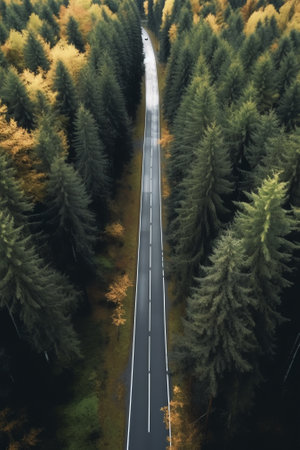 Generative AI : Aerial view of road going through forest in Forby on Vormsi island Estoniaの素材