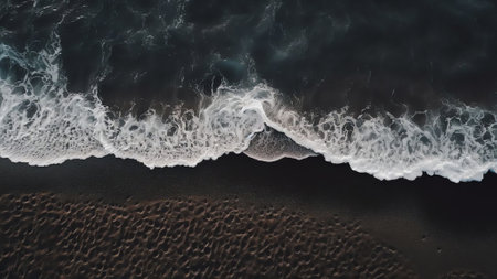 Generative AI : Aerial view of a woman walking on the black sand beach Sao Miguel Azores Portugalの素材