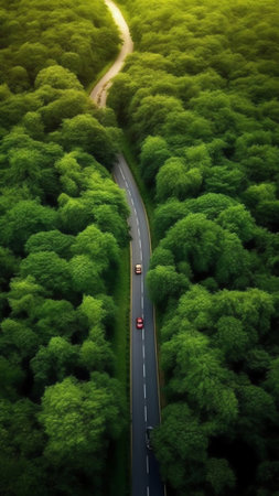 Generative AI : Aerial view of a countryside road crossing the forest on the hill in Trequanda Siena Italyの素材