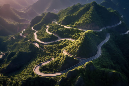 Generative AI : Aerial view of a winding road in a middle of nowhere enclosed by a mountain ridge at sunrise Nusfjord Lofoten Norwayの素材