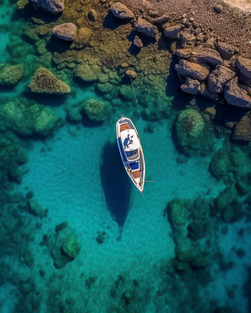 Generative AI : Aerial view of a boat in the bay of BoraBora French Polynesiaの素材