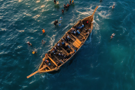 Generative AI : Aerial view of people hanging out on a boat in Kemer Turkeyの素材
