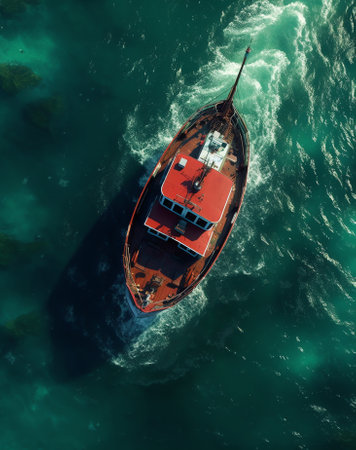 Generative AI : Aerial view of a boat driving in circle in the seaの素材