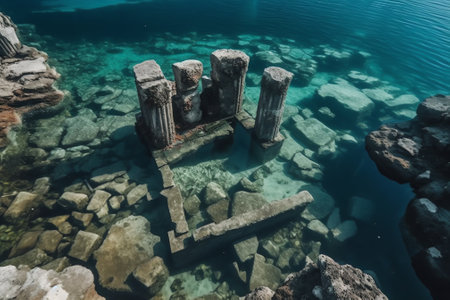 Generative AI : Aerial view of the sunken remains of the St Neophytos Basilica in Iznik Lake Iznik Turkeyの素材