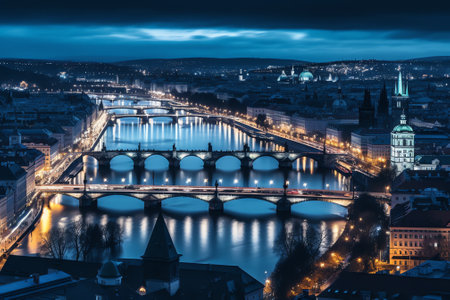Generative AI : Aerial View of Legion Bridge above Vltava River in Prague Czech Republicの素材