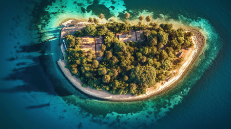 Generative AI : Aerial view of a desert island among the Atolls surrounded by the Indian Ocean Maldives archipelagosの素材