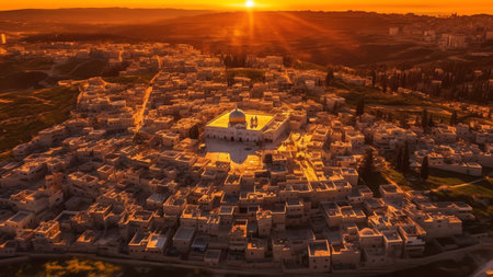 Generative AI : Aerial view of Sassi di Matera at sunset an ancient old town along the mountain crest Matera Basilicata Italyの素材