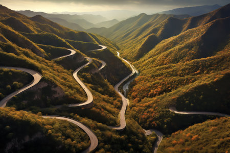 Generative AI : Aerial view of a road crossing the valley at sunset in Sivrihisar Eskisehir Turkeyの素材