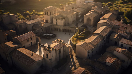 Generative AI : Aerial view of a small church on Monte Calvario in Centuripe small town at sunset Enna Sicily Italyの素材