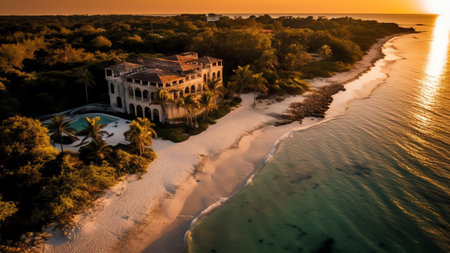 Generative AI : Aerial view of people on the beach at Punta Escolleras coastline Rio Lagartos natural park Yucatan Mexicoの素材