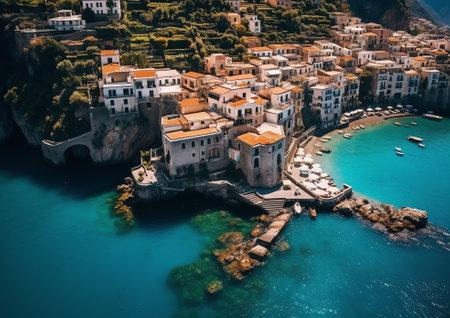 Generative AI : Aerial view of Polignano a Mare a small town along the coast facing the Mediterranean Sea Bari Puglia Italyの素材