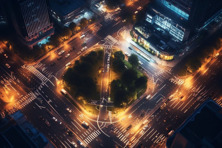 Generative AI : Aerial view of a roundabout with a lily point water fountain at night in Dhaka Bangladeshの素材