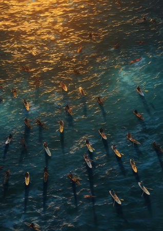 Generative AI : Aerial view of a boat sailing along the Yamuna river at sunset surrounded by seagulls along the coast in New Delhi Indiaの素材