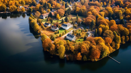 Generative AI : Aerial view of colourful autumn forest lakes and watchtower in Paganamaa landscape protection area Estoniaの素材