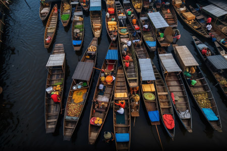 Generative AI : Aerial view of boats along the riverbank unloading coal Bhairab Upazila Kishoreganj Bangladeshの素材