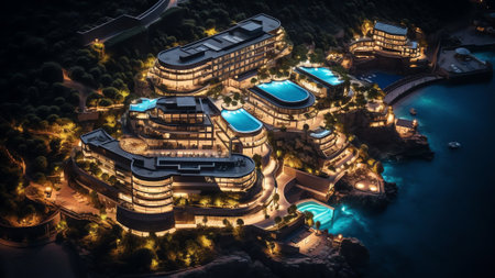 Generative AI : Aerial view of a luxury resort with bungalow on a small island in the Laccadive Sea at night Indian Ocean Maldives archipelagosの素材