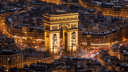 Generative AI : Panoramic aerial view of Arch of Triumph Paris Champs Elyses Franceの素材