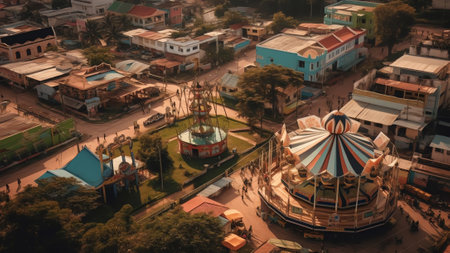 Generative AI : Aerial view of a theme park with Ferris wheel at Trg Franje Tudjmana park at sunset in Zagreb downtown Croatiaの素材