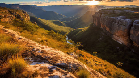 Generative AI : Aerial view of Bushmanskloof reserve fynbos valley at sunset in Cederberg Western Cape South Africaの素材