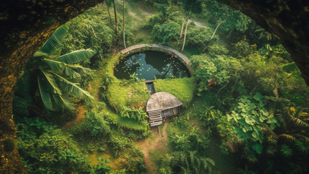 Generative AI : Aerial top down view of lush jungle vegetation and palm trees in Senaru Lombok Indonesiaの素材