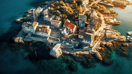 Generative AI : Aerial view of Igoumenitsa at sunset a small town along the Ionian Sea Epirus Greeceの素材