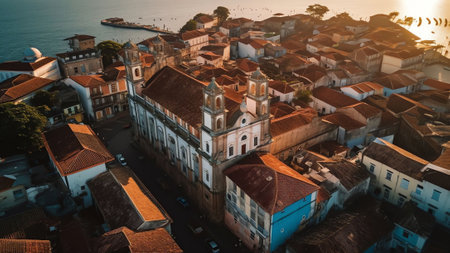 Generative AI : Aerial view of Bom Jesus do Monte a Catholic Church on the hilltop with famous stairs in Braga Portugalの素材