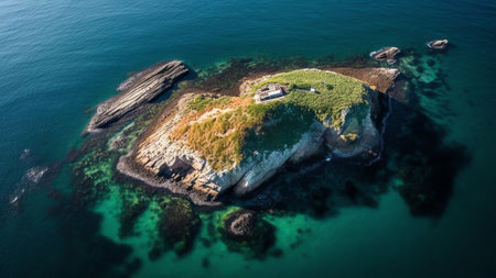 Generative AI : Aerial view of a green soccer field on an island in the Atlantic ocean Henningsvaer Lofoten Norwayの素材