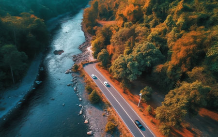 Generative AI : Aerial view of a road on the lakefront in Mikri Volvi a small town along Limni Volvi Lake in Central Macedonia Greeceの素材
