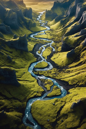 Generative AI : Aerial view of the river and canyon at Holmsarfossar waterfall Icelandの素材