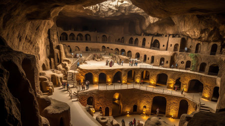 Generative AI : Aerial view of tourists visiting Uchisar Castle in Uchisar old town carved with caves and numerous tunnels Cappadocia Nevsehir Turkeyの素材