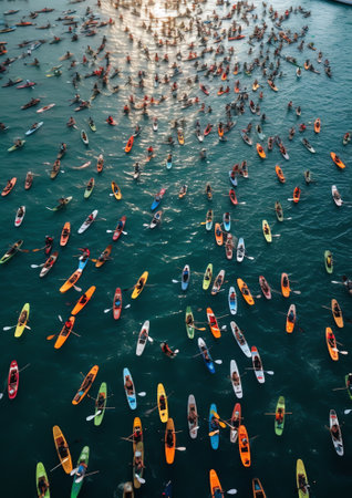 Generative AI : Aerial view of people kayaking in a lake Sea of Galilee Israelの素材