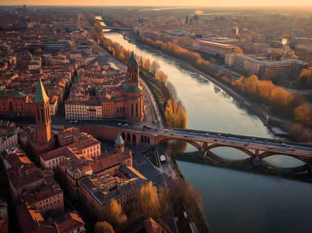 Generative AI : Aerial View of Vltava River and Jirasek Bridge in Prague Czech Republicの素材