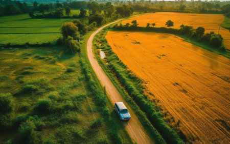Generative AI : Aerial abstract view of one car in desert like landscape in Tarlac Philippinesの素材