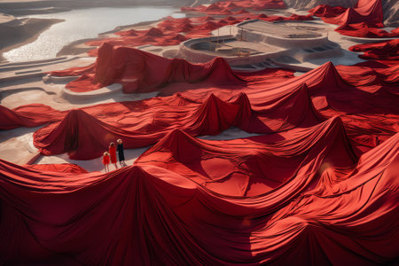 Generative AI : Aerial view of people working hanging colourful red cloths to the threads for drying in Narayanganj Bangladeshの素材