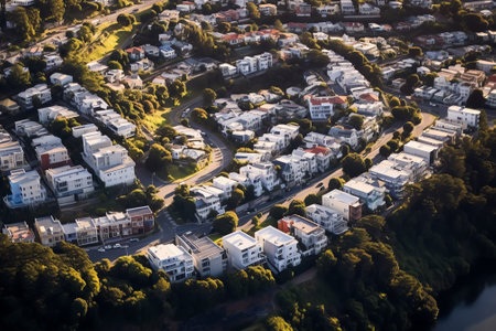 Generative AI : Aerial view of a small residential district in Lisbon outskirt along a railway Marvila neighbourhood Lisbon Portugalの素材