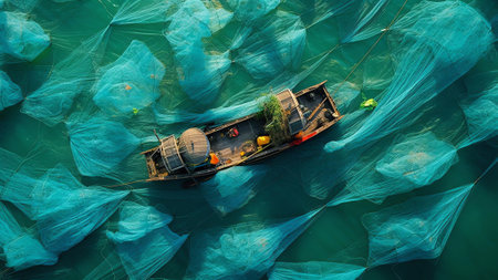 Generative AI : Aerial view of fishing cage in an harbor in Alaskaの素材