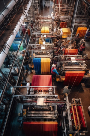 Generative AI : Dhaka Bangladesh 02 December 2022 Aerial view of people working in a field stretching red cotton fabric rolls in Narsingdi Dhaka Bangladeshの素材