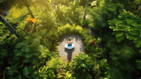 Generative AI : Aerial view of a small garden from a luxury resort in Pointe aux Canonniers Mauritiusの素材