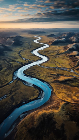 Generative AI : Aerial view of lakes river and mountains in the colorful Veidivotn area in the highlands of Icelandの素材