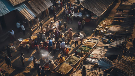 Generative AI : Aerial view of people working in a fishing farm drying seafood along Karnaphuli river Patiya Dhaka Bangladeshの素材