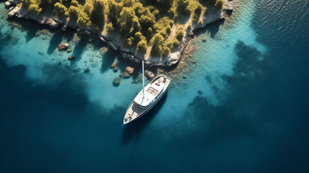 Generative AI : Aerial view of anchored sailboats on blue cruise in Oludeniz Turkeyの素材