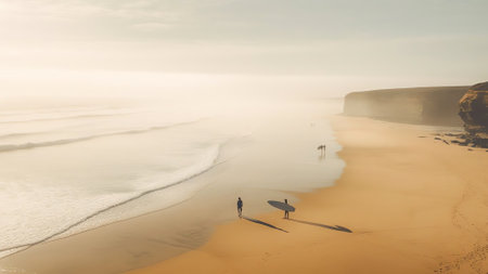 Generative AI : Aerial view of Constantine Bay at sunset with surfers walking along the beach Cornwall United Kingdomの素材