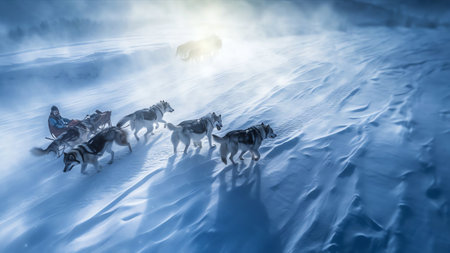 Generative AI : Aerial view of husky dogsled team running in Soukolojrvi Swedenの素材