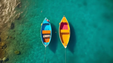 Generative AI : Aerial view of traditional fishing boats on Lago di Braies Dolomites Italyの素材
